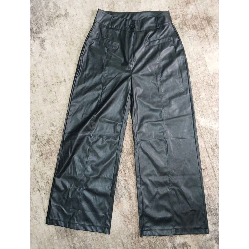 ​Vegan Leather Wide Leg Trousers Black High Rise Edgy Streetwear Womens Size L